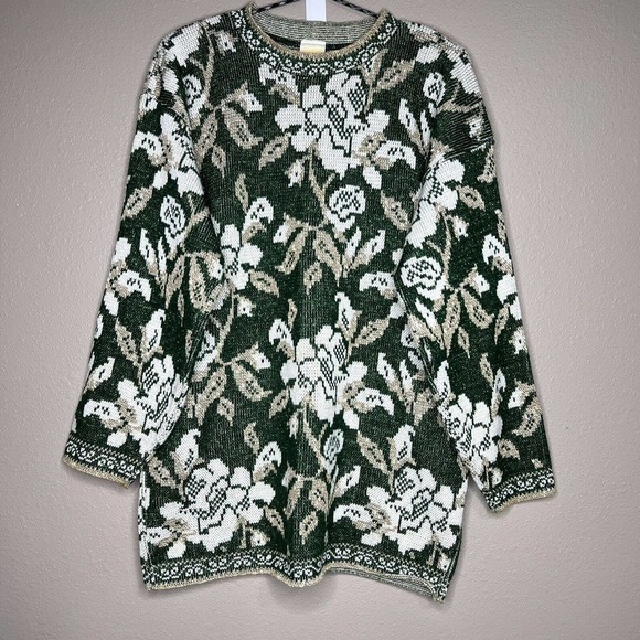 Holiday Time Green & White Floral Metallic Long Sleeve Knit Pullover Sweater - Picture 1 of 9